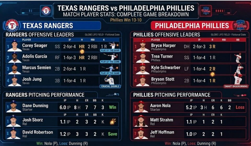 texas rangers vs phillies match player stats